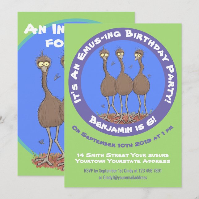 Invitación Gracioso ilustracion del trío de emu australiano p (Anverso / Reverso)