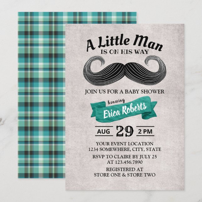 Invitación Gracioso Mustache Cute Pequeño Hombre Verde azulad (Anverso / Reverso)