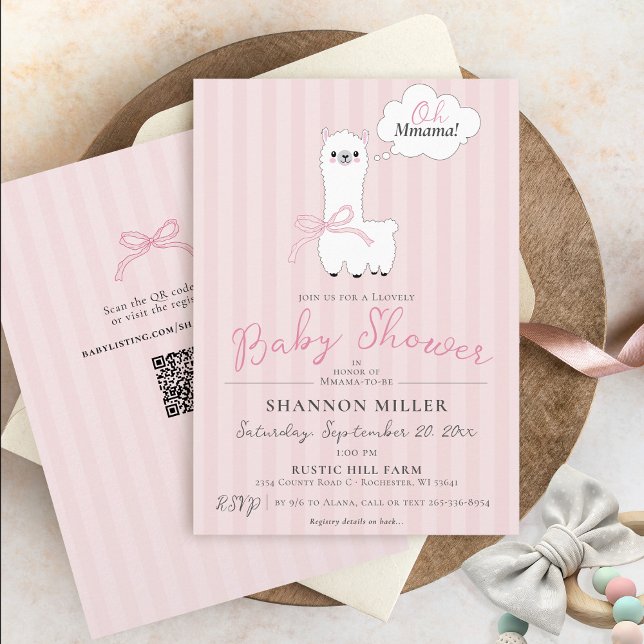 Invitación Gracioso Oh Mamá Llama Cute Bebé Rosa Ducha (Funny Oh Mmama Llama girly farm animal pink bow stripes baby girl QR code modern shower invitation )