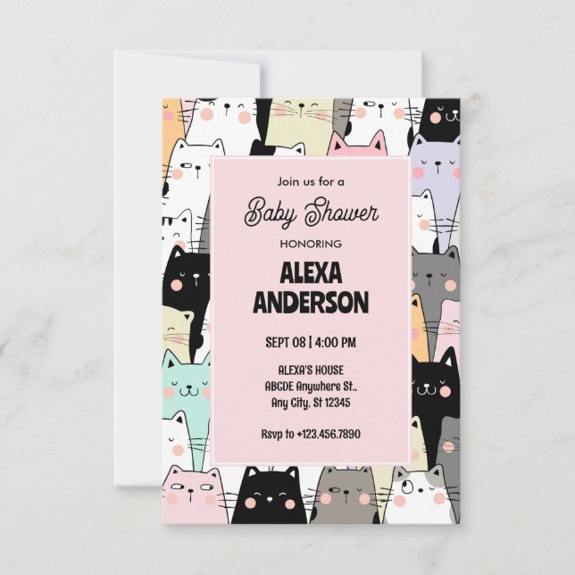 Invitación Gracioso patrón de gato ducha de bebé (Anverso)