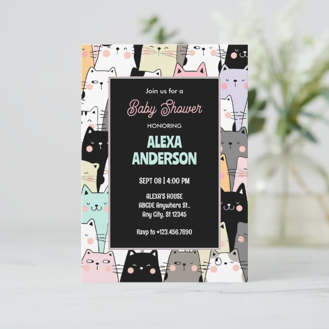 Invitación Gracioso patrón de gato ducha de bebé (Anverso de pie)