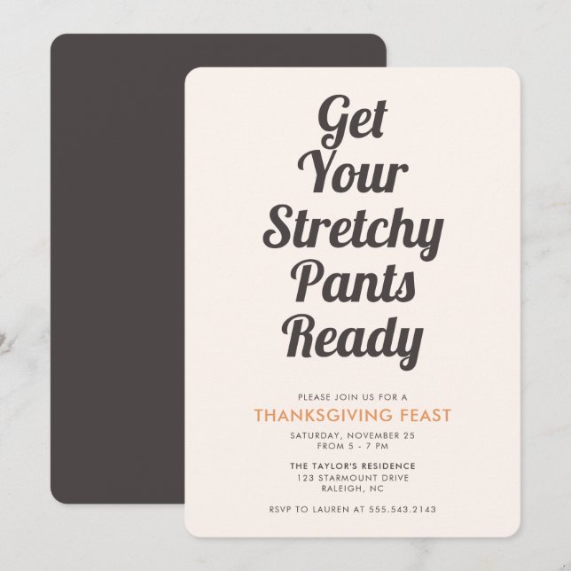 Invitación Gracioso Stretchy Pants Cena de Acción de Gracias  (Anverso / Reverso)
