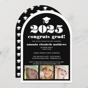 Invitación Grad 2025 Black Stylish 3 Photo Graduation Party