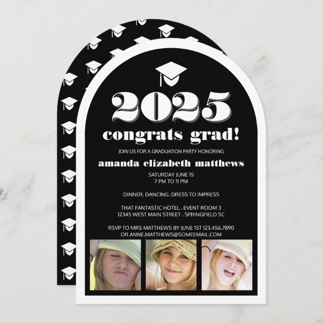 Invitación Grad 2025 Black Stylish 3 Photo Graduation Party (Anverso / Reverso)