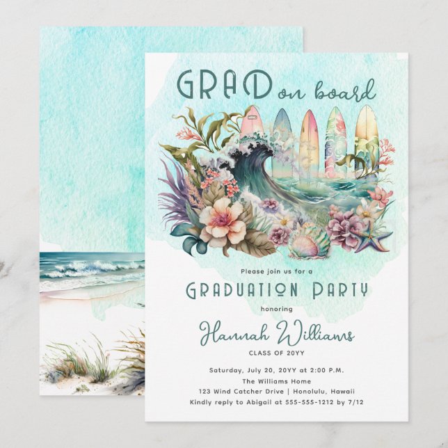 Invitación GRAD a bordo del Tropical Surfing Graduation Party (Anverso / Reverso)