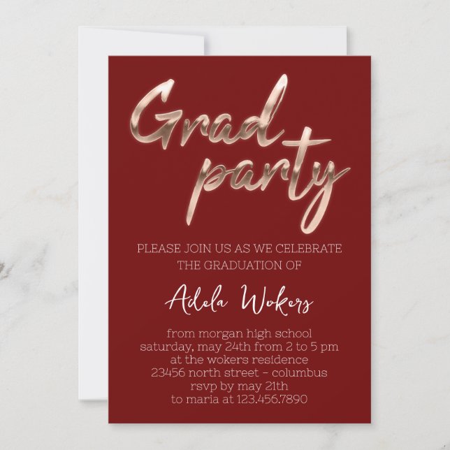 Invitación Grad Borgoña del guión del partido de graduación R (Anverso)