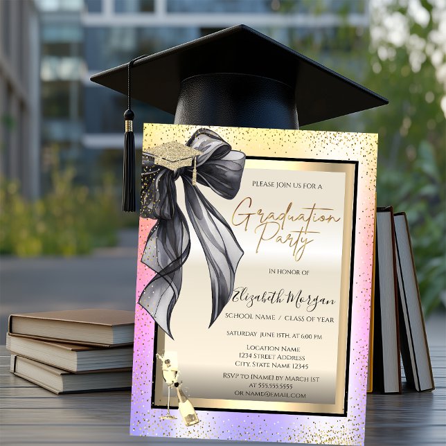 Invitación Grad Cap,Black Bow Wine Glass,Confetti Ombre  (Subido por el creador)