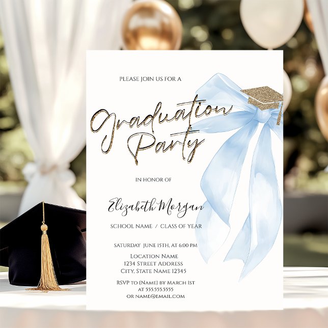 Invitación Grad Cap Blue Bow Your Photo Graduation  (Subido por el creador)