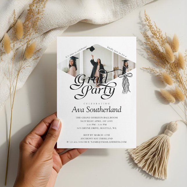 Invitación Grad Cap Bow Tassel Partido de Graduación del Coll (Grad Cap Bow Tassel Photo Collage Graduation Party Invitation)