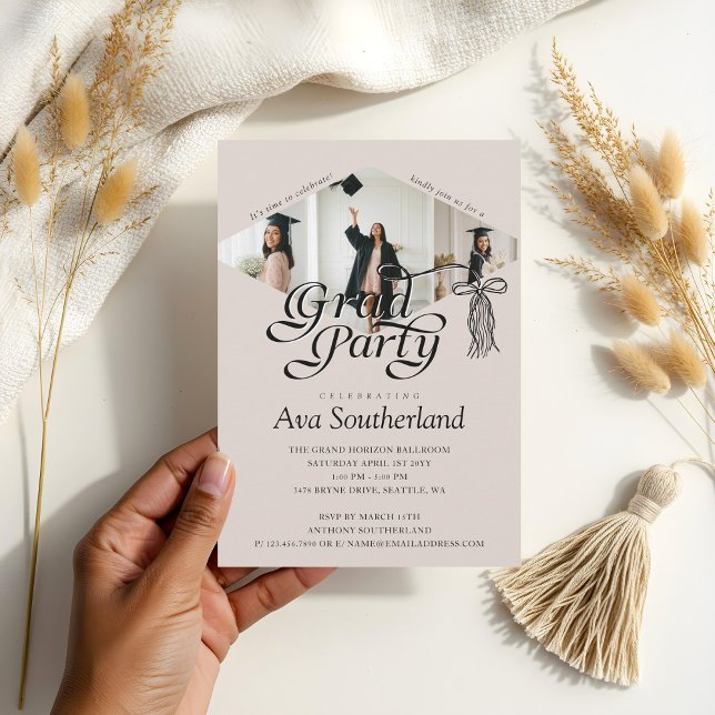 Invitación Grad Cap Bow Tassel Partido de Graduación del Coll (Grad Cap Bow Tassel Photo Collage Graduation Party Invitation)