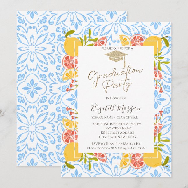 Invitación Grad Cap,Citrus Graduación Azul Mediterráneo (Anverso / Reverso)