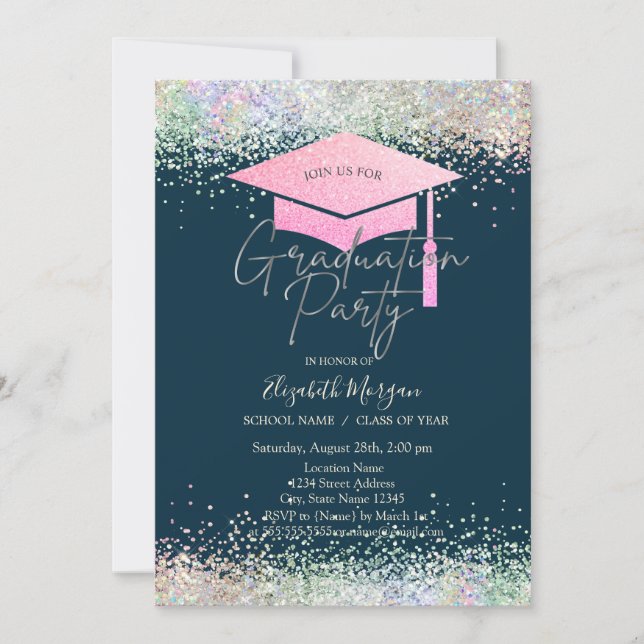 Invitación Grad Cap,Colorful Confetti Navy Blue Graduation (Anverso)