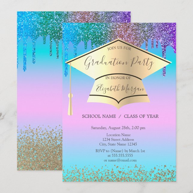Invitación Grad Cap, Diamantes,Drips Graduación Holográfica (Anverso / Reverso)