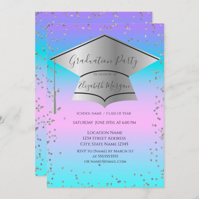Invitación Grad Cap,Diamonds Frame Holographic Graduación (Anverso / Reverso)