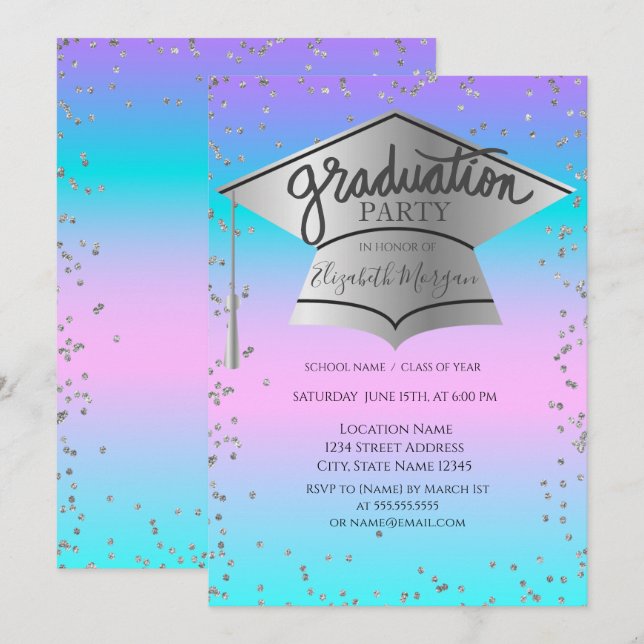 Invitación Grad Cap, Diamonds Ombre Holográfico Graduación (Anverso / Reverso)