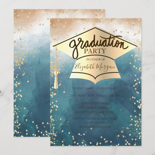 Invitación Grad Cap, Diamonds Paint Splash Graduación (Anverso / Reverso)