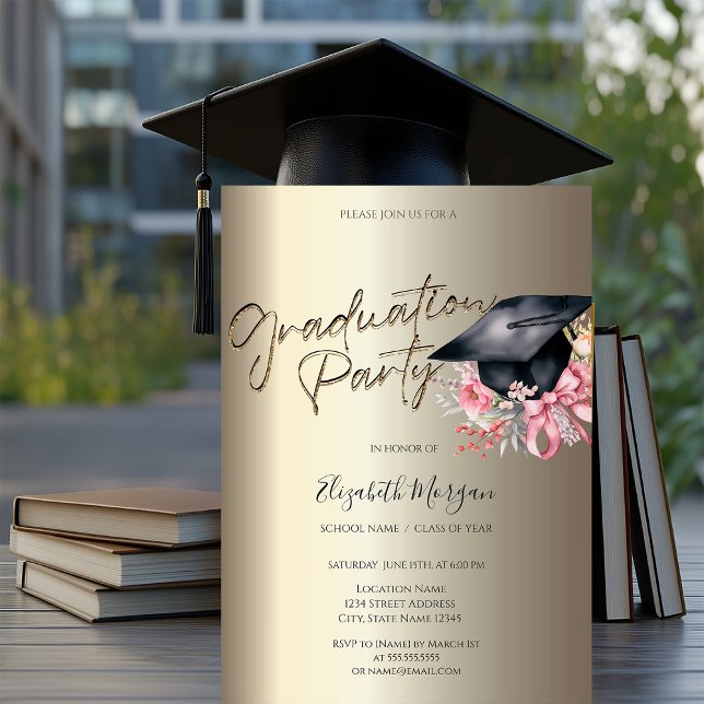Invitación Grad Cap Flowers Bow Your Photo Gold Graduation (Subido por el creador)
