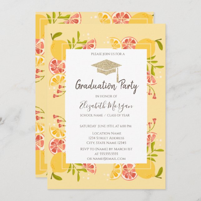 Invitación Grad Cap,Graduación de cítricos (Anverso / Reverso)