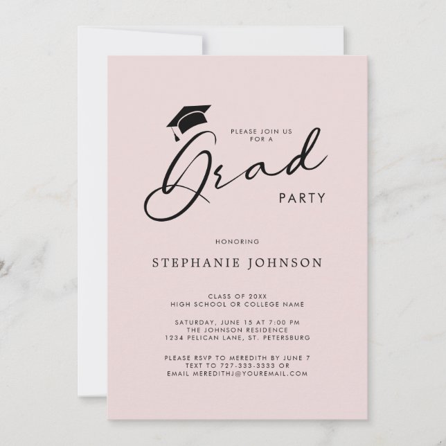 Invitación Grad Cap Moda Modern Calligraphy Graduation Party (Anverso)