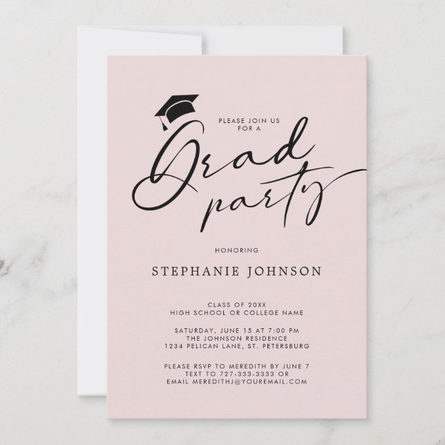 Invitación Grad Cap Modern Caligraphy Rubor Graduation Party (Anverso)