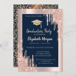 Invitación Grad Cap, Rosa de Oro Dris, Navy Blue Gold Mandala