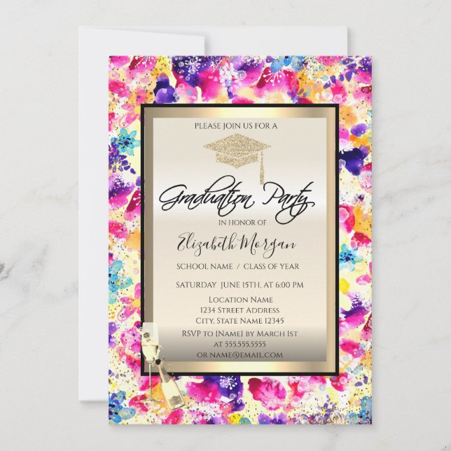 Invitación Grad Cap, Vidrio Vino,Flores Confetti Graduación (Anverso)