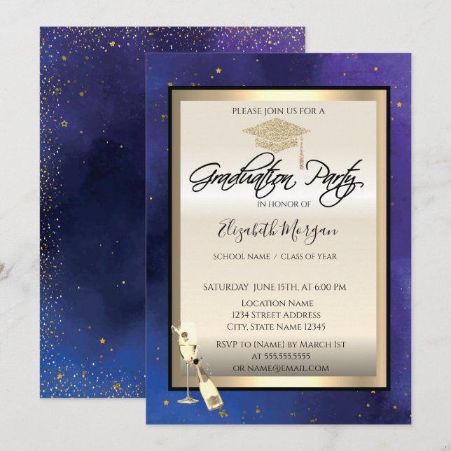 Invitación Grad Cap, Vidrio Vino,Graduación Azul de la Marina (Anverso / Reverso)