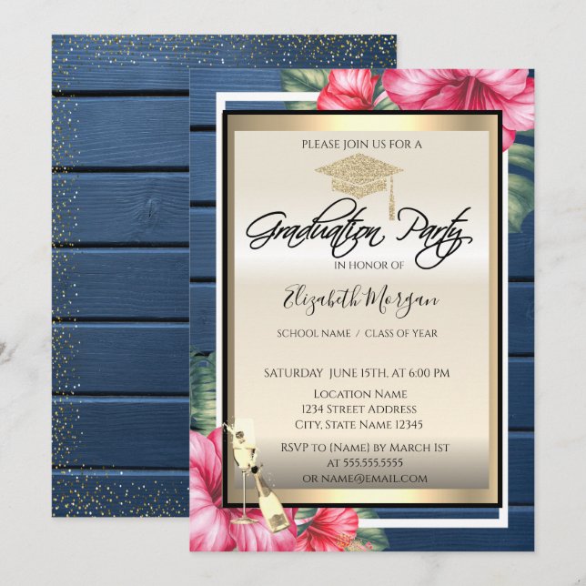 Invitación Grad Cap, Vidrio Vino, Hibiscus Blue Wood Graduaci (Anverso / Reverso)