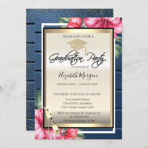 Invitación Grad Cap, Vidrio Vino, Hibiscus Blue Wood Graduaci