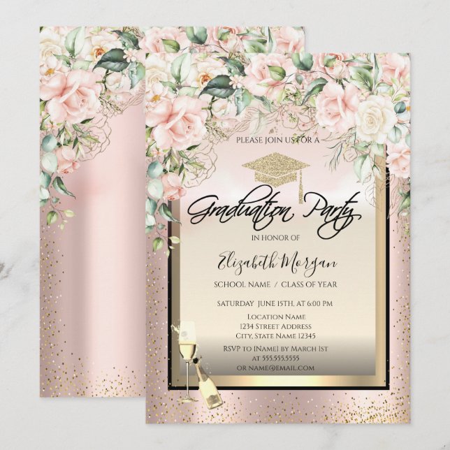 Invitación Grad Cap, Vidrio Vino, Rosas Confetti Graduación (Anverso / Reverso)