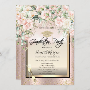 Invitación Grad Cap, Vidrio Vino, Rosas Confetti Graduación