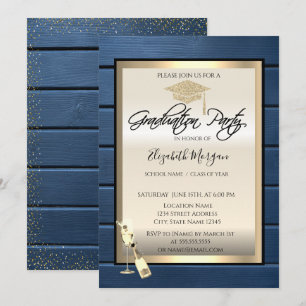 Invitación Grad Cap, Vidrio Vino, Vela Azul Marina Graduación