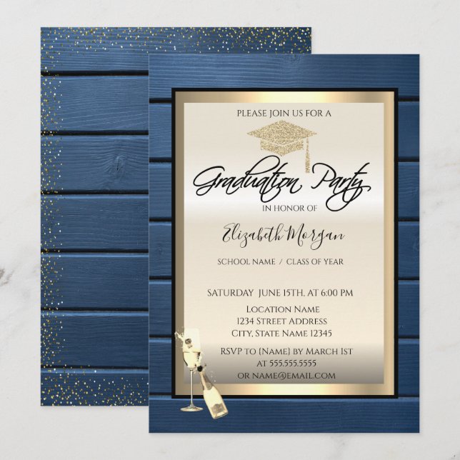 Invitación Grad Cap, Vidrio Vino, Vela Azul Marina Graduación (Anverso / Reverso)