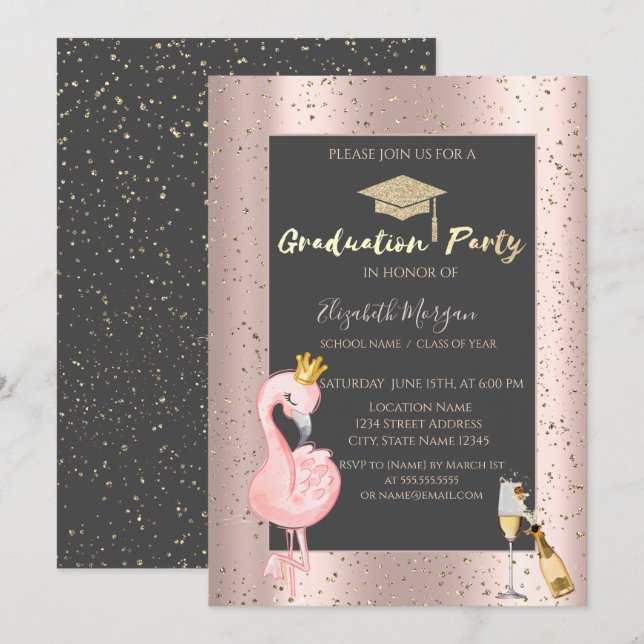 Invitación Grad Cap, Vino,Flamingo Rosa Graduación de Oro (Anverso / Reverso)