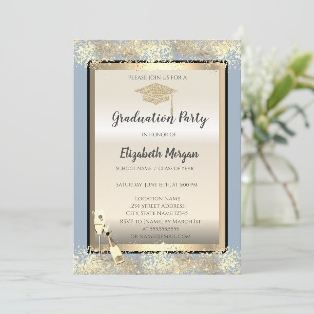 Invitación Grad Cap,Wine Glass Confetti Dusty Blue Graduation (Anverso de pie)