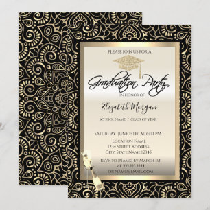 Invitación Grad Cap, Wine Glass Gold Mandala Graduación