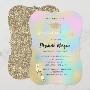 Invitación Grad Cap,Wine Glass Stars Holographic Graduation