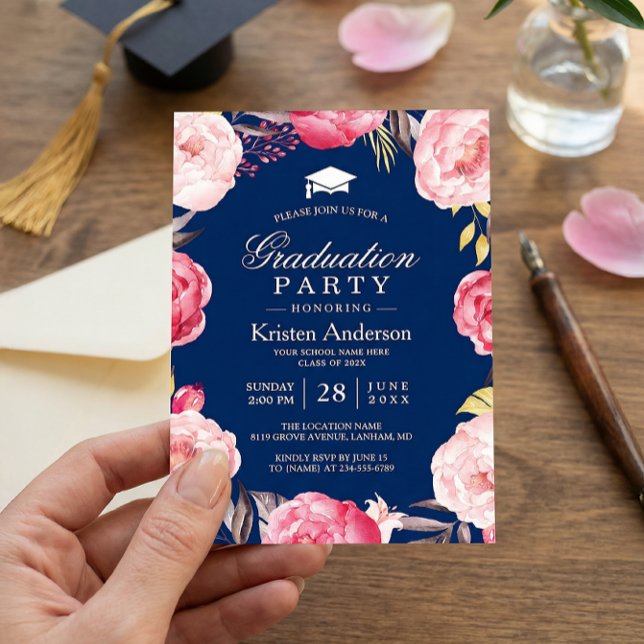 Invitación Grad Floral Wreath Navy Blue Graduation Party (Subido por el creador)