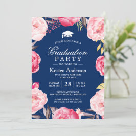 Invitación Grad Floral Wreath Navy Blue Graduation Party