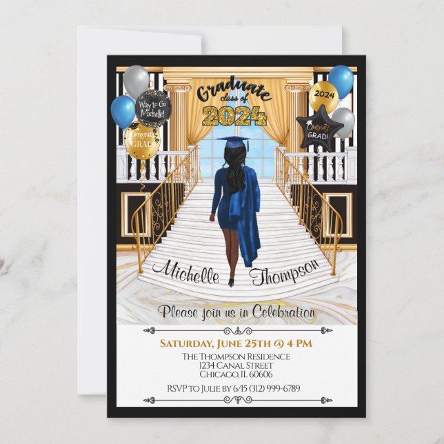 Invitación Grad Invitation African American Blue Gown (Anverso)