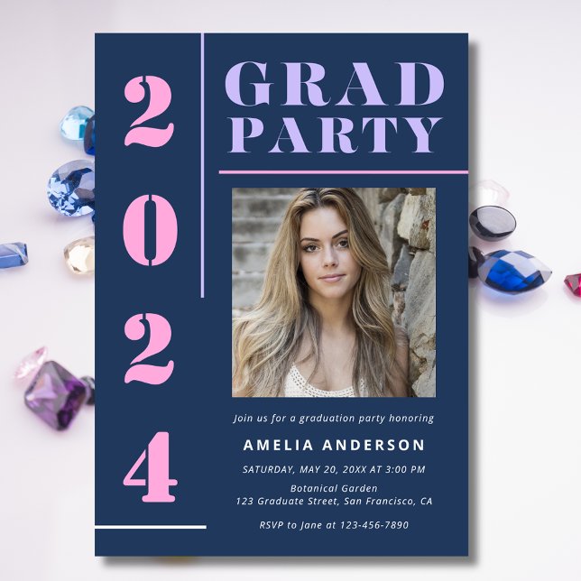Invitación Grad Modern Bold Blue Photo Graduation Party (Subido por el creador)
