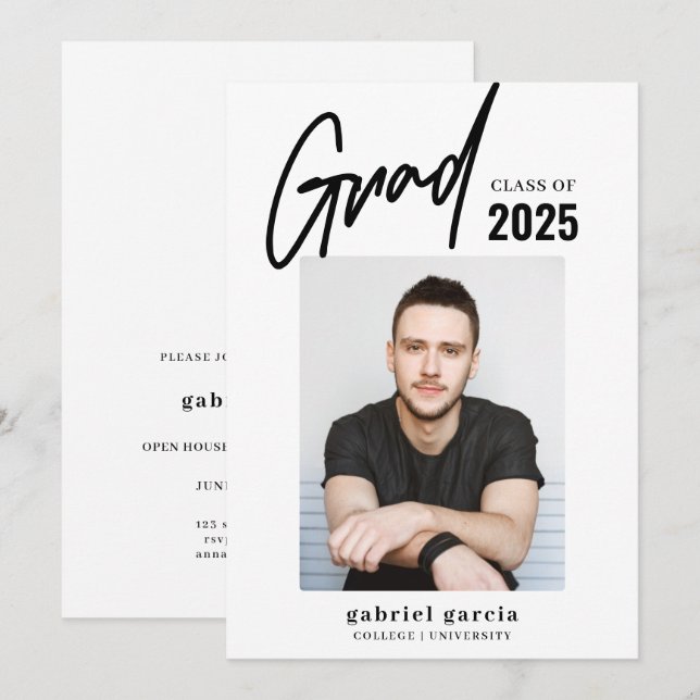 Invitación Grad Photo Black White Graduation Party (Anverso / Reverso)