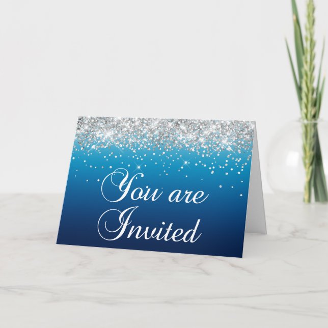 Invitación Gradiente azul Purpurina Girly Silver Invitado (Anverso)