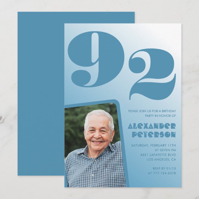 Invitación Gradiente azul retro Foto 92 cumpleaños (Anverso / Reverso)