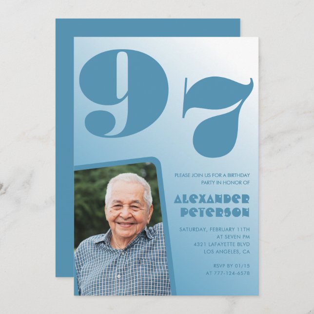 Invitación Gradiente azul retro Foto 97 cumpleaños (Anverso / Reverso)