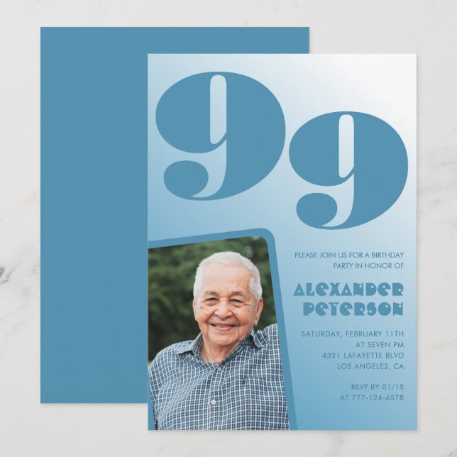 Invitación Gradiente azul retro Foto 99º cumpleaños (Anverso / Reverso)