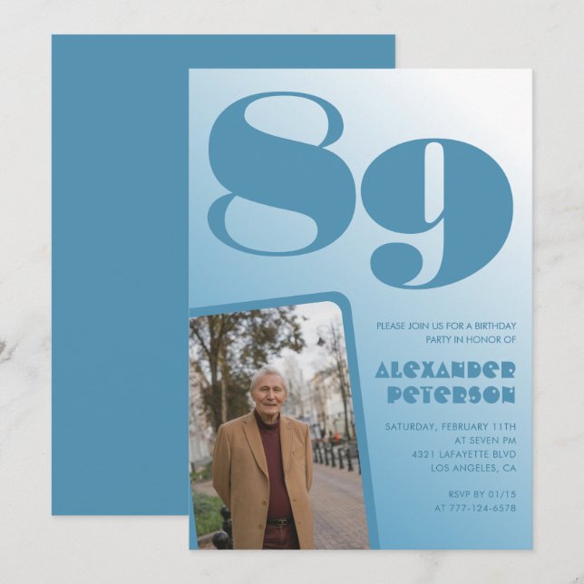 Invitación Gradiente azul retro Foto de cumpleaños 89 (Anverso / Reverso)