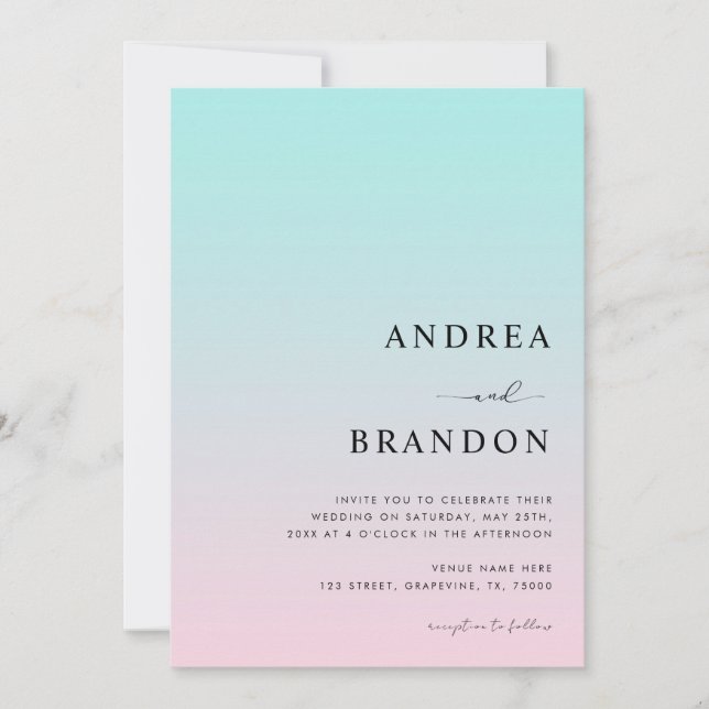 Invitación Gradiente azul rosa Código QR RSVP Todo en un Boda (Anverso)