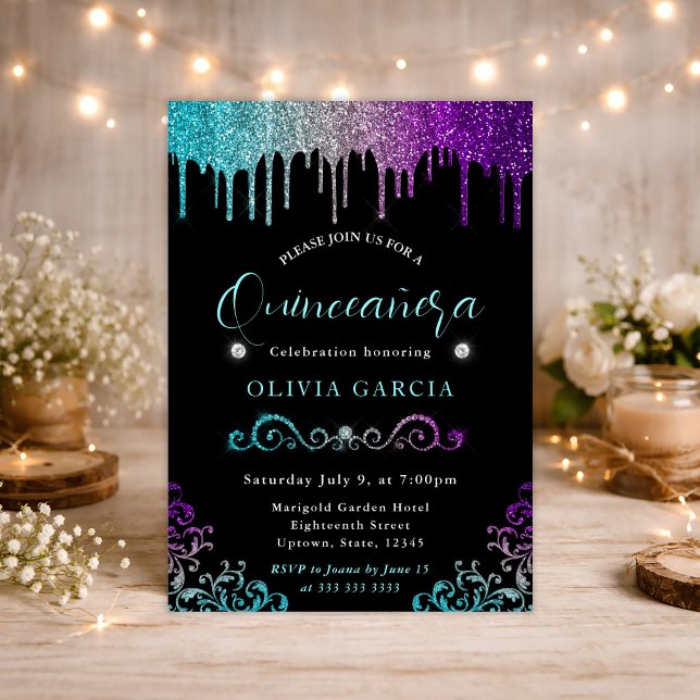 Invitación Gradiente de Arcoíris Glam Brillante Quinceañera (Subido por el creador)