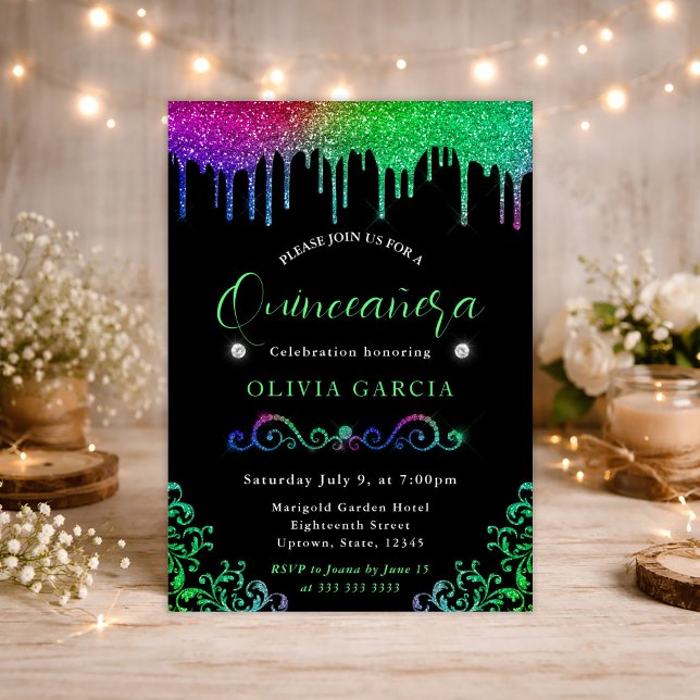 Invitación Gradiente de Arcoíris Glam Brillante Quinceañera (Subido por el creador)